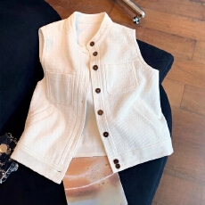 批发复古双口袋立领薄款白色马甲背心女26春夏新款高级感气质显瘦上衣