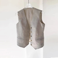 批发亚麻单排扣V领马甲女夏新品老钱风直角肩显瘦收腰背心无袖外套