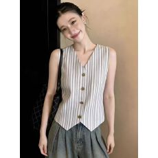 批发韩系极简风V领条纹西装马甲女夏季新款无袖外搭叠穿百搭