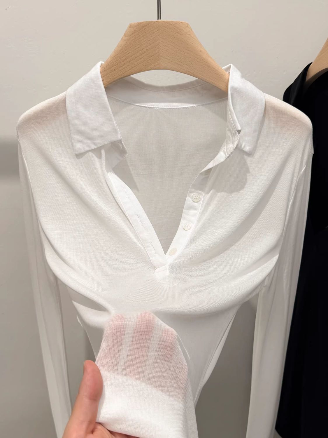 화이트 라이 경기 서울 주간 실크 마이크로 ~을 통해 긴팔 티셔츠 여성 여름 섹션 느슨함 얇고 가벼운 차가운 센스 POLO 칼라 블라우스 맨위