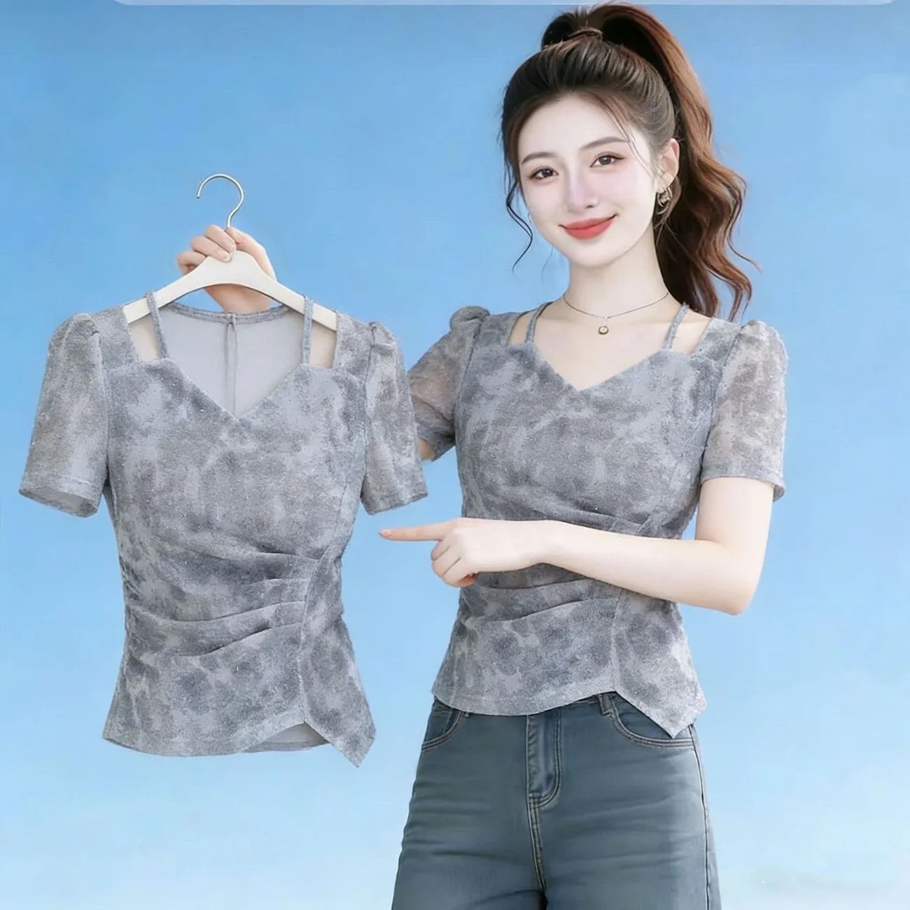 디자인 센스 거품 소매 맨위 여성 여름 드레스 숙녀 연령 감소 V넥 불규칙 주름 반팔 티셔츠 몸매 가꾸기 망사 트렌디