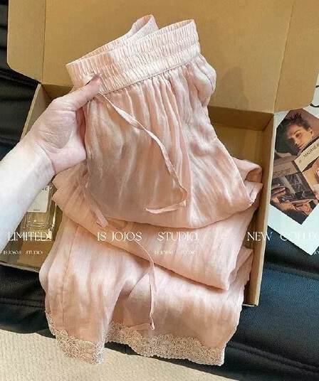 핑크색 새로운 중식 긴 바지 자수 패치워크 바지 아이들 여름 얇은 스타일 느긋한 도루 센스 슬림해 보이는 느슨함 와이드 레그 팬츠