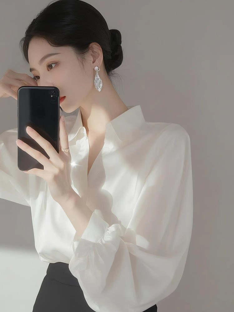 봄 가을 고유 한 Chic 프랑스식 POLO 칼라 화이트 쉬폰 여성 셔츠 디자인 센스 슈퍼 잘 생긴 아름다운 긴팔 맨위