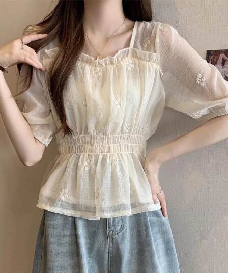 프랑스식 광장 칼라 시폰 셔츠 여성 여름 얇은 스타일 빅 사이즈 슬림해 보이는 허리 수축 아름다운 작은 셔츠 부드러운 요정 바람 맨위 여성