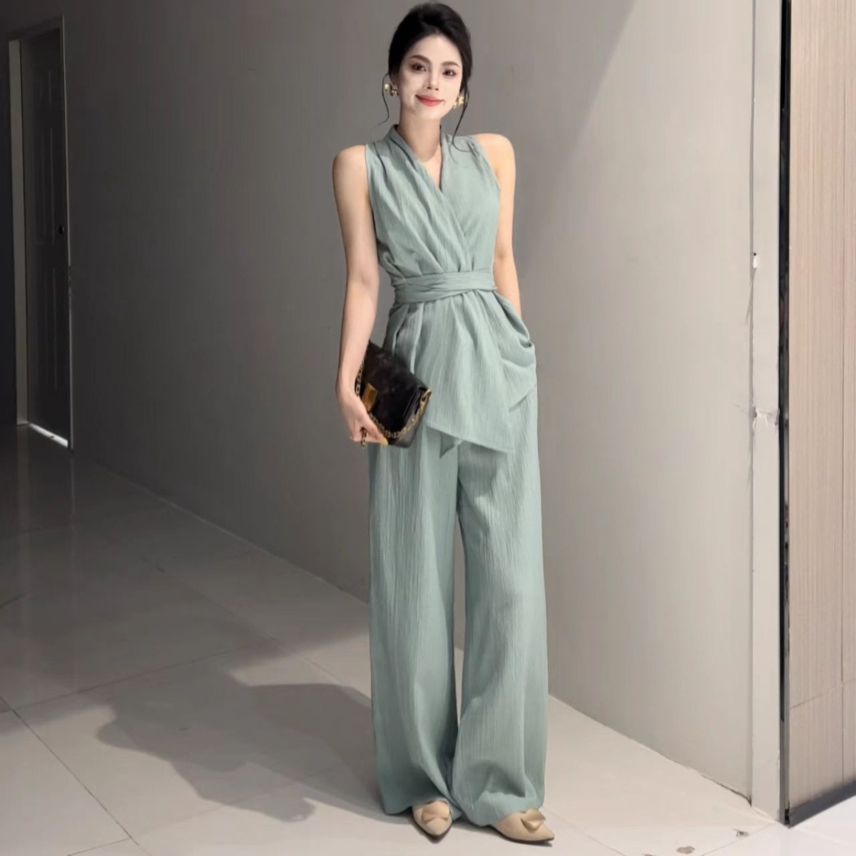 거리 바람 느긋한 바람 품격 프랑스식 패션 세트 와이드 레그 팬츠 디자이너 여름 하이웨이스트 슬림해 보이는