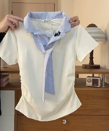 고양이 자수 체크무늬 해군 칼라 polo 반팔 티셔츠 여성 2026 여름 새로운 학원 스타일 긍정적 인 어깨 짧은 맨위
