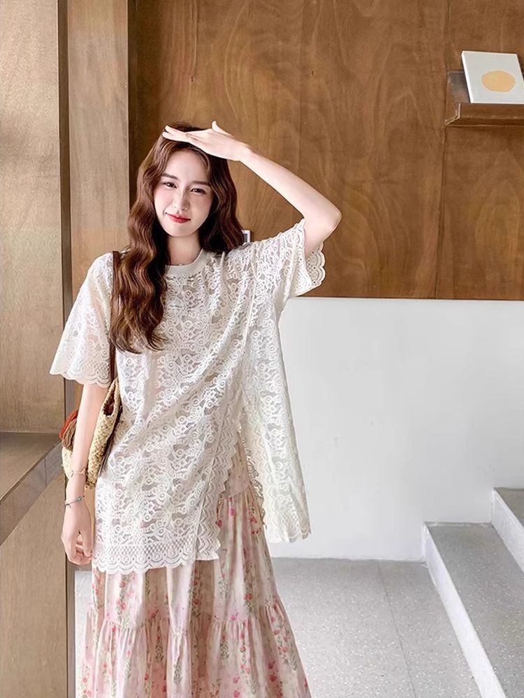 여름 새로운 착용 가져 가라. 루즈핏 다용도 홀로우 아웃 레이스 맨위 티셔츠 여성