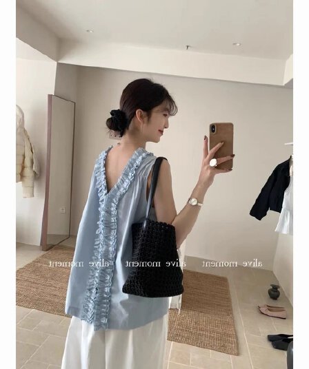 목이버섯 레이스 칼라 조끼 여성 여름 셔츠 고급 전후 둘 착용 작은 대중 디자인 루즈핏 민소매 연령 감소 맨위
