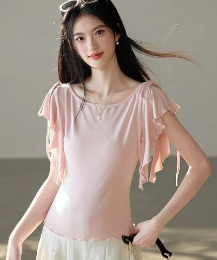 몸매 가꾸기 레이스업 프릴 다용도 반팔 디자인 2026 년 여성 여름 한국 스타일 보트넥 티셔츠 맨위 새로운