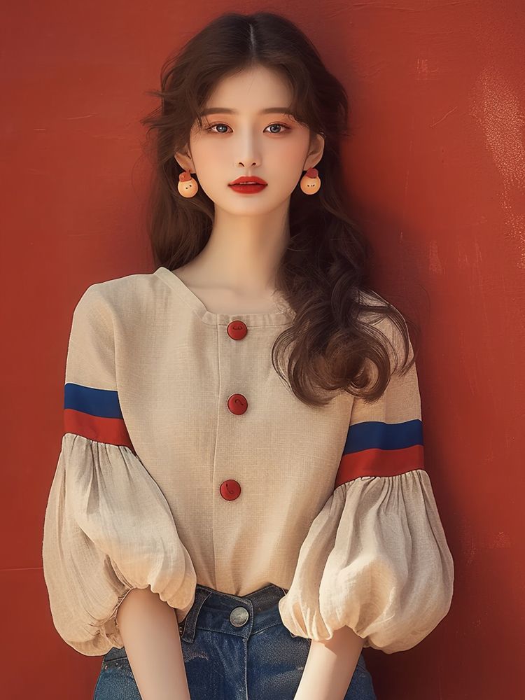 프랑스식 벌룬 소매 여성 셔츠 디자인 센스 작은 대중 봄 가을 고유 한 Chic 슈퍼 잘 생긴 루즈핏 반소매 아름다운 맨위