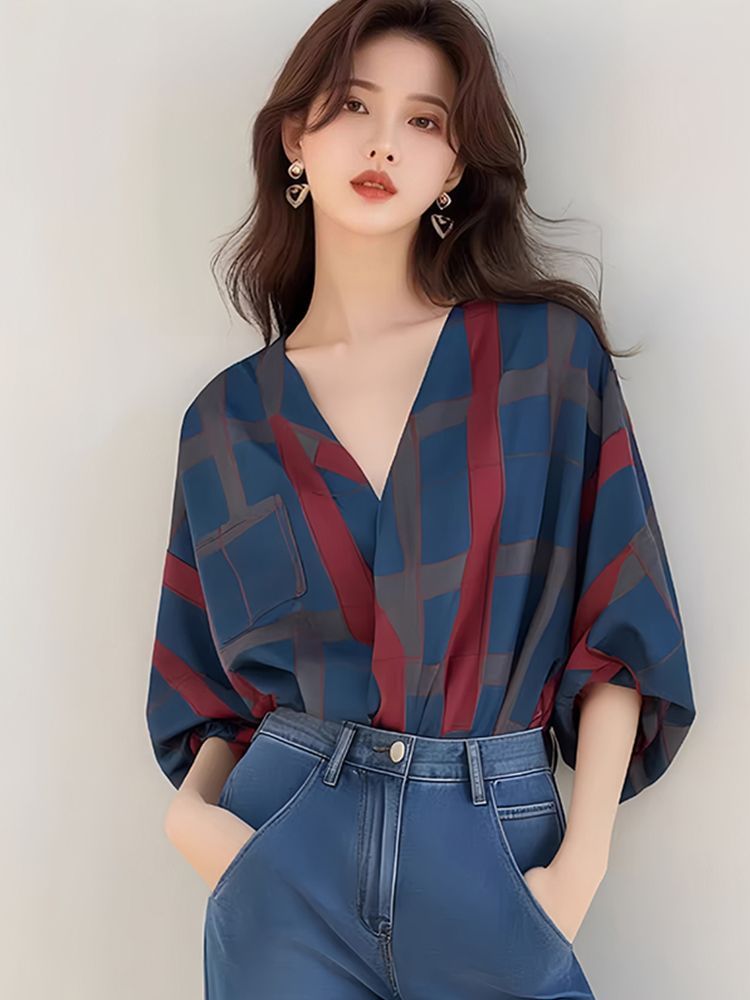 항구 바람 빨간색 블루 체크무늬 배색 V넥 7부 소매 자외선 차단 셔츠 여자 이른 가을 한 부서 황산구리 착용 잡아라. 의류