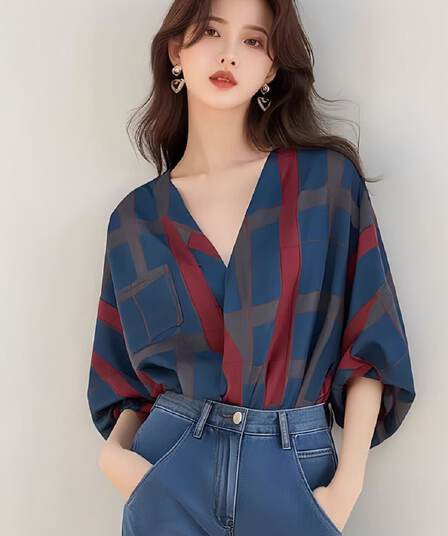 항구 바람 빨간색 블루 체크무늬 배색 V넥 7부 소매 자외선 차단 셔츠 여자 이른 가을 한 부서 황산구리 착용 잡아라. 의류