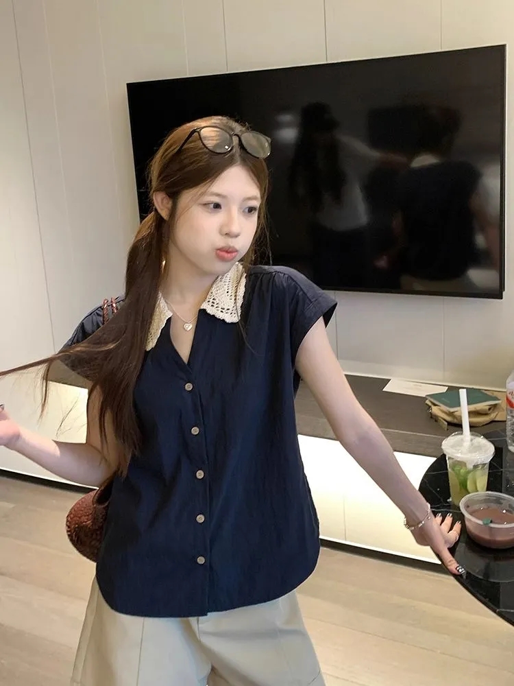 프랑스식 레이스 조각 폴로 칼라 반팔 여성 셔츠 여름 2026 새로운 품격 고유 한 절묘한 아름다운 작은 맨위