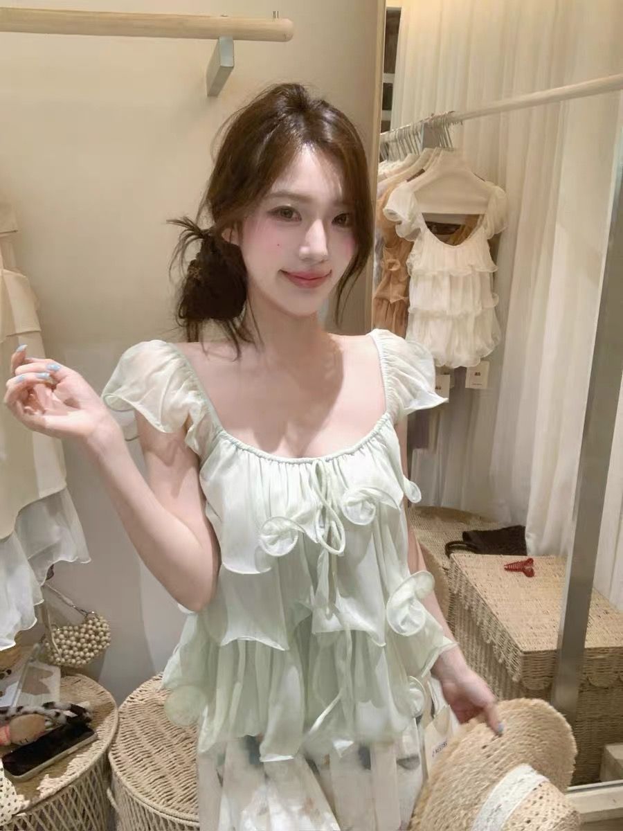 부드러운 달콤한 스타일 u 칼라 프릴 여성 셔츠 프랑스식 순수한 욕망 품격 루즈핏 슬림해 보이는 다용도 작은 날다 소매 맨위