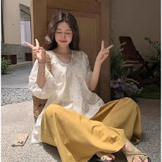 批发大方得体穿搭一整套小个子韩系不规则绣花衬衫上衣阔腿<b class='q'>裤</b>子两件套