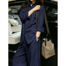 批发韩系藏青色肌理感套装女宽松显瘦高级感衬衫<b class='q'>女裤</b>子两件套夏装新款