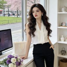 批发V领无袖衬衫女春夏新款西装内搭打底衫女砍袖纯色雪纺外穿小背心