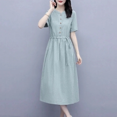 批发短袖棉麻连衣<b class='q'>裙</b>夏新款复古文艺女装宽松遮肚子显瘦中长款<b class='q'>裙</b>子