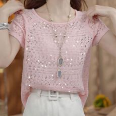 黄色亮片镂空针织短袖上衣