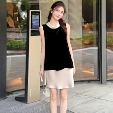 撞色高级感立领无袖百搭上衣高腰半身裙套装女夏季简约气质两件套