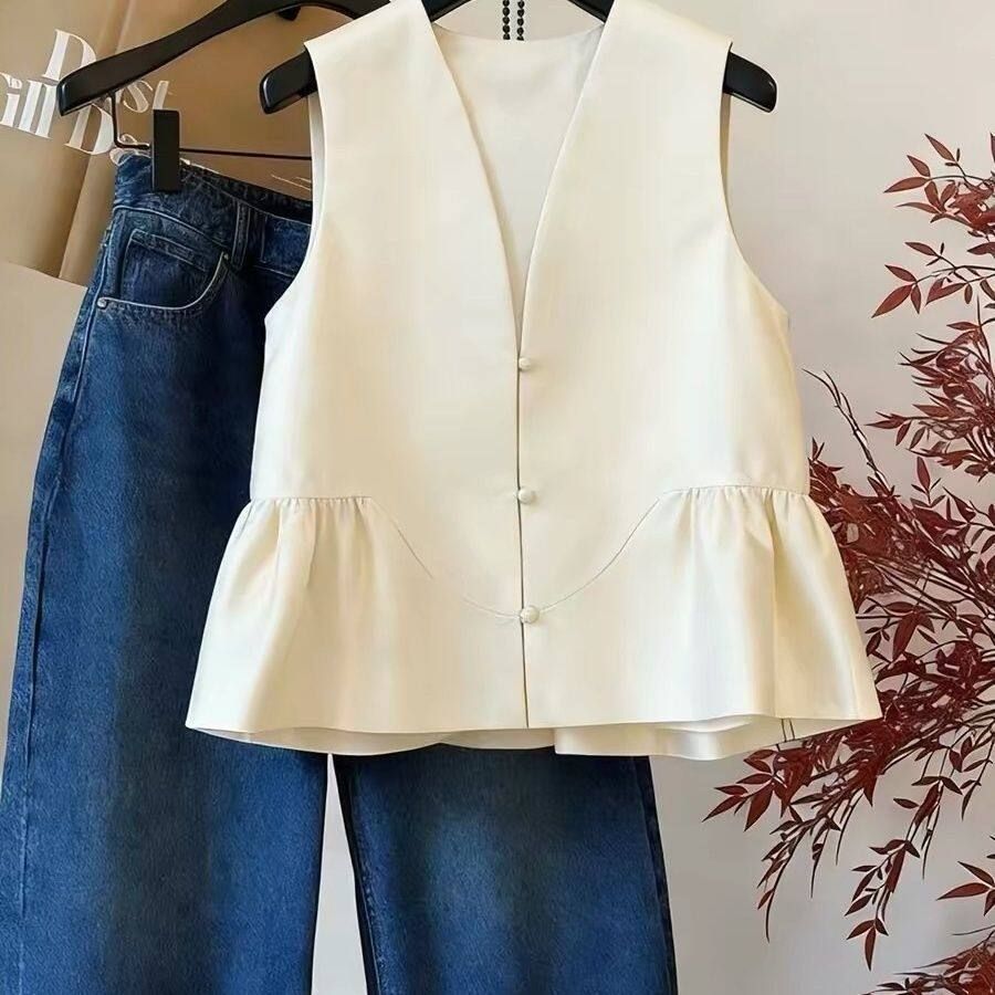 法式珠光v领荷叶边无袖马甲女春夏新款温柔气质减龄背心上衣  服裝批發女裝批發服飾貨源