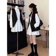 批发少女感气质叠穿白色衬衫连衣裙皮衣马甲女装2026春新款甜酷套装