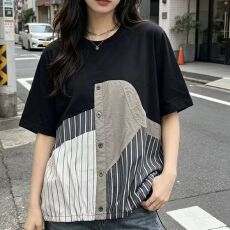 批发2026潮流条纹拼接短袖恤女衬衫夏宽松显瘦圆领时尚个性<b class='q'>假两件</b><b class='q'>上衣</b>