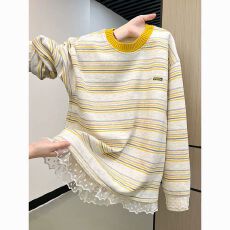 批发<b class='q'>蕾丝</b>拼接条纹卫衣男女春秋2026新款爆款韩系圆领<b class='q'>打底衫</b>假两件上衣