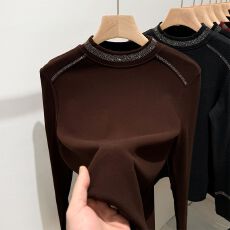 批发黑色烫钻打底衫女士秋冬内搭保暖长袖上衣加厚磨毛双面德绒妈妈<b class='q'>装</b>