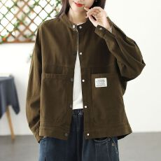 批发复古简约舒适工装夹克短<b class='q'>外套</b>女春秋新款宽松显瘦减龄休闲长袖上衣