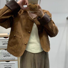 批发美拉德短款拼接仿皮绒外套女春<b class='q'>秋</b>美式穿搭复古百搭机车服夹克女潮