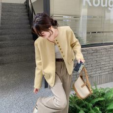 批发韩版温柔风黄色圆领单排扣短款宽松毛呢外套 显瘦通勤