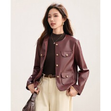 批发2026时尚<b class='q'>春</b>秋女装女士皮衣外套小香风复古圆领皮衣女外套皮夹克