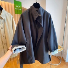 批发韩系百搭宽松时尚休闲简约秋<b class='q'>冬</b>季新款设计感立领长袖拼接蕾丝风衣
