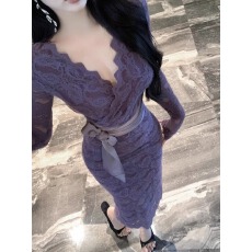 批发纯欲轻熟V领长袖连衣裙春秋款辣妹修身显瘦绑带<b class='q'>包臀</b>裙紫色中<b class='q'>长裙</b>