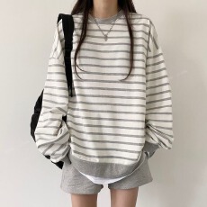 批发条纹卫衣女士薄款女装宽松春秋冬加绒上衣初秋上衣vibe卫衣纯欲风