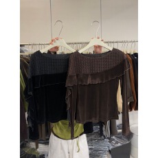 批发高级感镂空钩花荷叶边圆领长袖减龄丝绒<b class='q'>衬衫</b>女欧货秋装新款打底衫