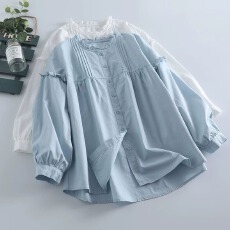 批发新款小清新花边圆领<b class='q'>衬衫</b>女宽松百搭木耳边长袖棉质春秋开衫上衣潮