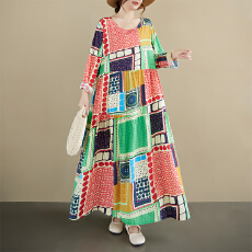 批发波西米亚女士大码休闲裙2025夏新圆领长袖中来年<b class='q'>妈妈装</b>麻棉连衣裙