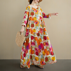 批发简约时尚波西米亚长裙2025秋新款圆领长袖中老年妈妈装连衣裙