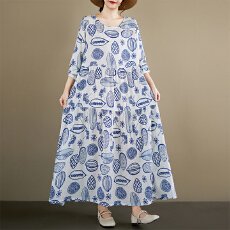 批发2026春<b class='q'>秋</b>新品圆领套头A字裙复古宽松大码麻棉中老年妈妈装连衣裙