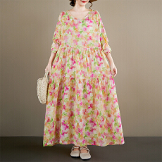 批发麻棉中老年妈妈装连衣裙 2026春<b class='q'>秋</b>新品圆领套头A字裙复古宽松大码