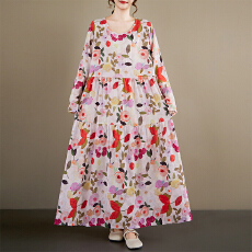 批发2026春<b class='q'>秋</b>新品麻棉中老年妈妈装连衣裙 圆领套头A字裙复古宽松大码