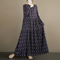 批发中老年妈妈装<b class='q'>民族</b>风2026春新品大码圆领长袖宽松麻棉外贸连衣裙女