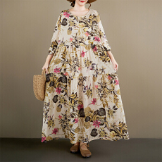 批发女士大码连衣裙2026春新圆领长袖麻棉复古百褶中老年妈妈装外贸<b class='q'>裙</b>