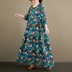 批发女士大码连衣裙2026春圆领长袖麻棉复古百褶<b class='q'>孕妇装</b>妈妈装外贸<b class='q'>裙</b>