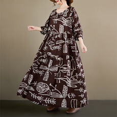 批发2026春新款复古减龄麻棉圆领长袖百褶裙<b class='q'>孕妇装</b>妈妈装外贸<b class='q'>连衣裙</b>