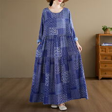 批发中老年妈妈装外贸<b class='q'>连衣裙</b>2026春季新款复古减龄麻棉圆领长袖百褶裙