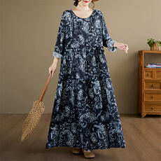 批发中老年妈妈装<b class='q'>孕妇</b><b class='q'>连衣裙</b>2026春季新款复古减龄麻棉圆领长袖百褶裙