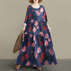 批发波西米亚女士大码休闲裙2026春新圆领长袖中来年妈妈装麻棉连衣裙